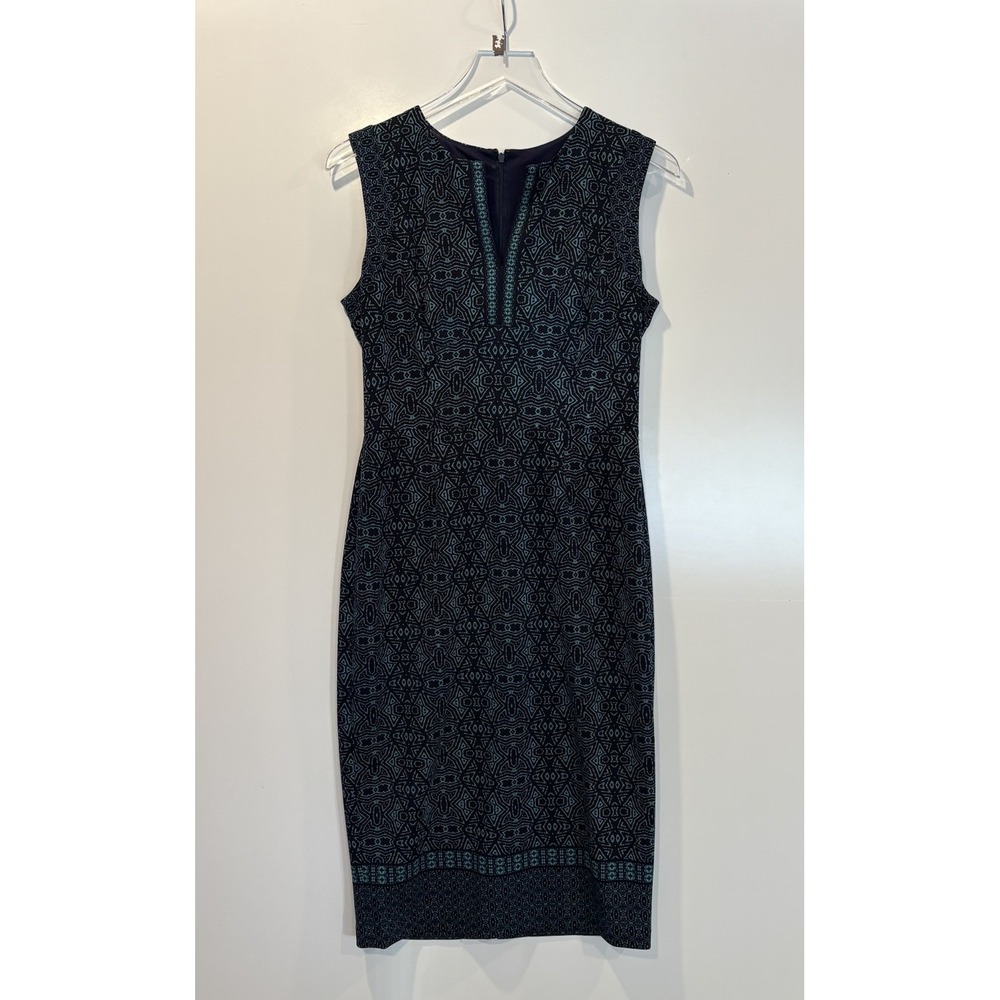 Adorne Womens Navy Teal Geometric V-Neck Sleeveless Sheath Dress Size 6